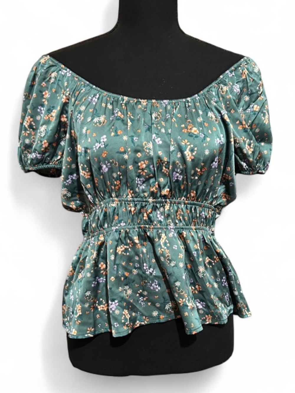 Pink Rose Green Floral Off-Shoulder Peplum Blouse
